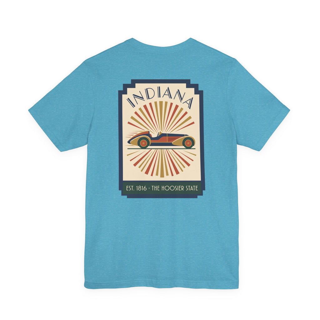 Teal T-shirt with centered vintage Indiana racecar graphic in a square frame.