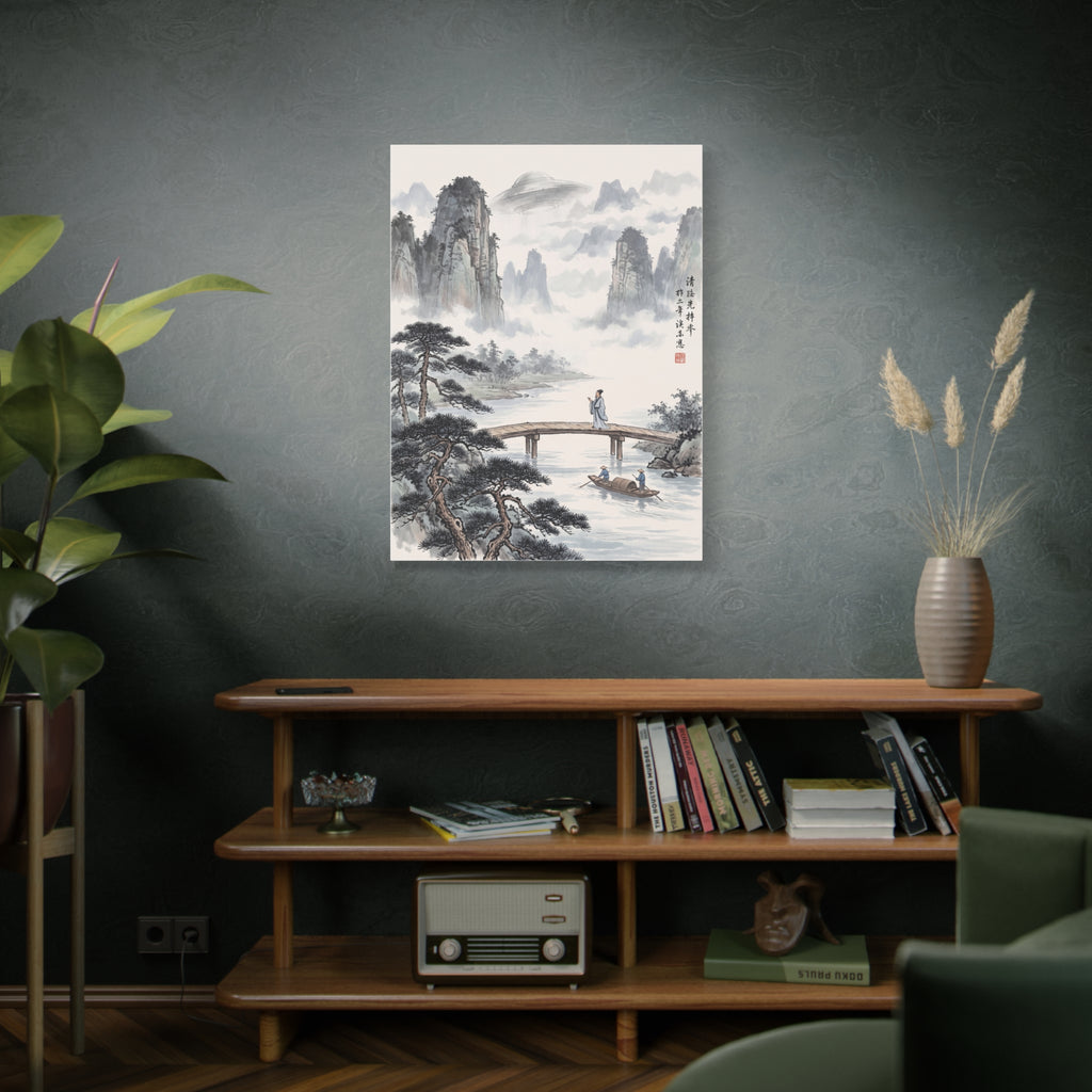 Wall-mounted landscape art print with misty mountain peaks, trees, and small boats