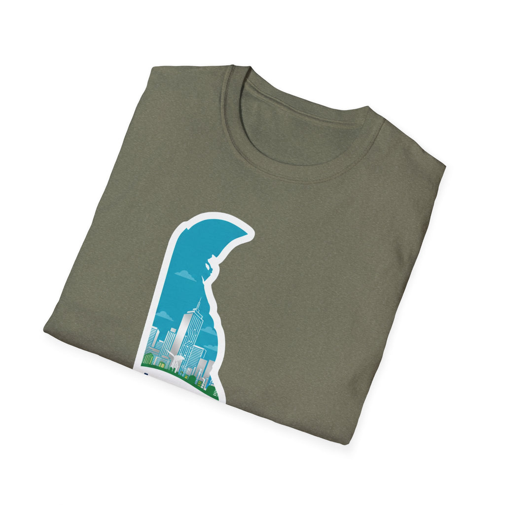 Delaware silhouette T-shirt, Heather Military Green with Delaware map and silhouette artwork