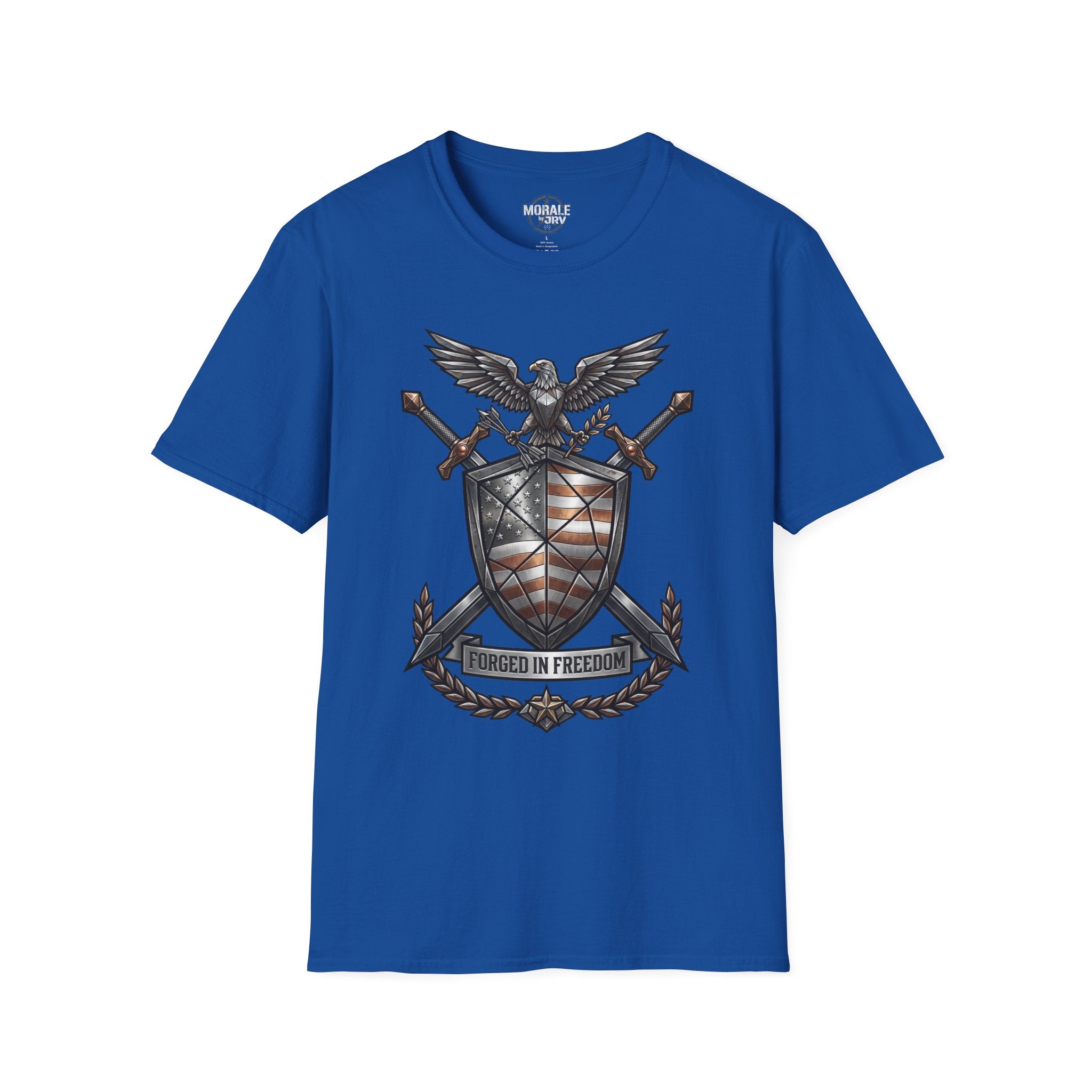 Royalblaue T‑Shirt mit Adler‑Shield, gekreuzten Schwertern und US‑Flaggenwappen