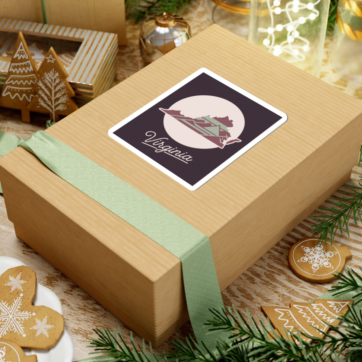 Virginia decal on a wrapped gift box, showing state silhouette and “Virginia” script