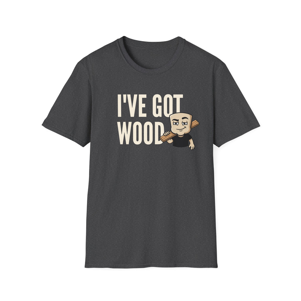 Dark charcoal T-shirt with 'I've Got Wood' graphic and cartoon carpenter holding wood