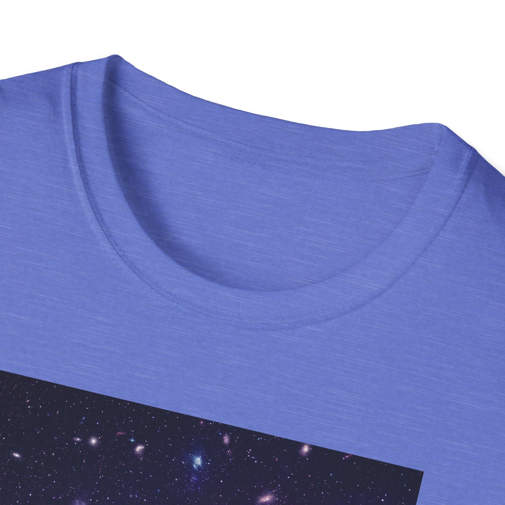 Cosmic skull galaxy T-shirt close-up: crew neck and space-print band