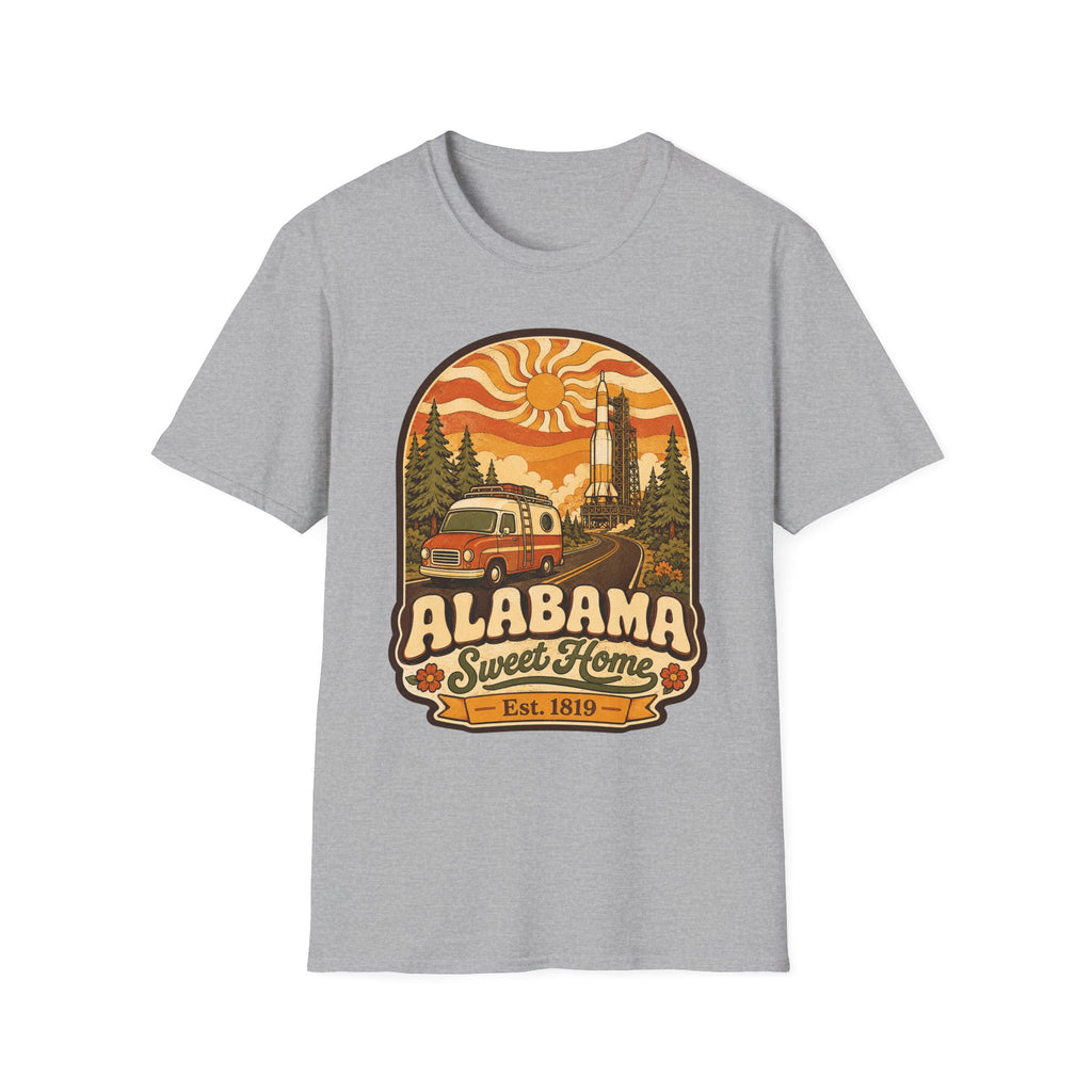Unisex light gray T-shirt with Alabama Sweet Home vintage camper graphic
