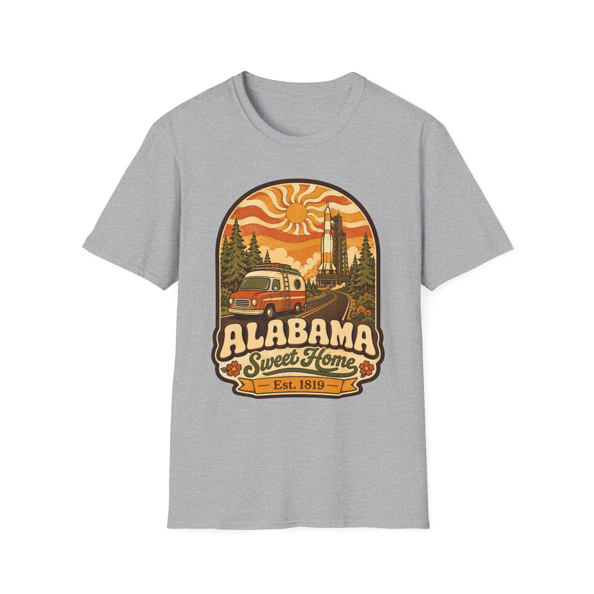Unisex light gray T-shirt with Alabama Sweet Home vintage camper graphic
