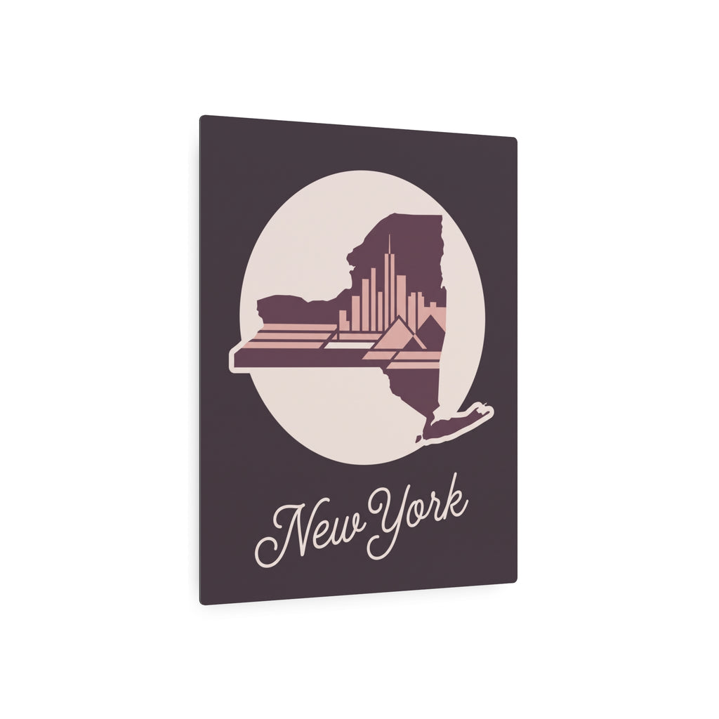 Mauve square metal wall art with circular New York skyline silhouette and script “New York”.