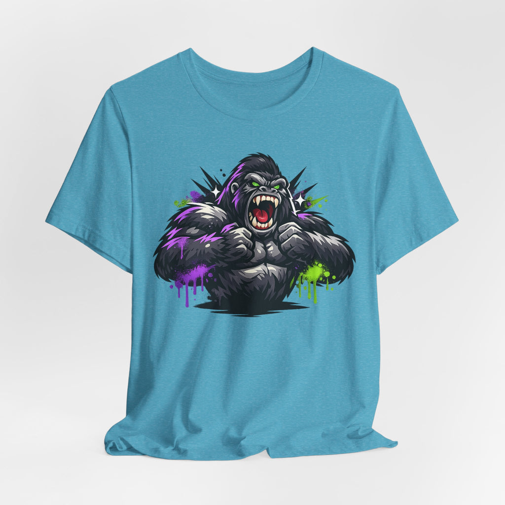 Heather Aqua unisex crewneck T-shirt with roaring gorilla graphic