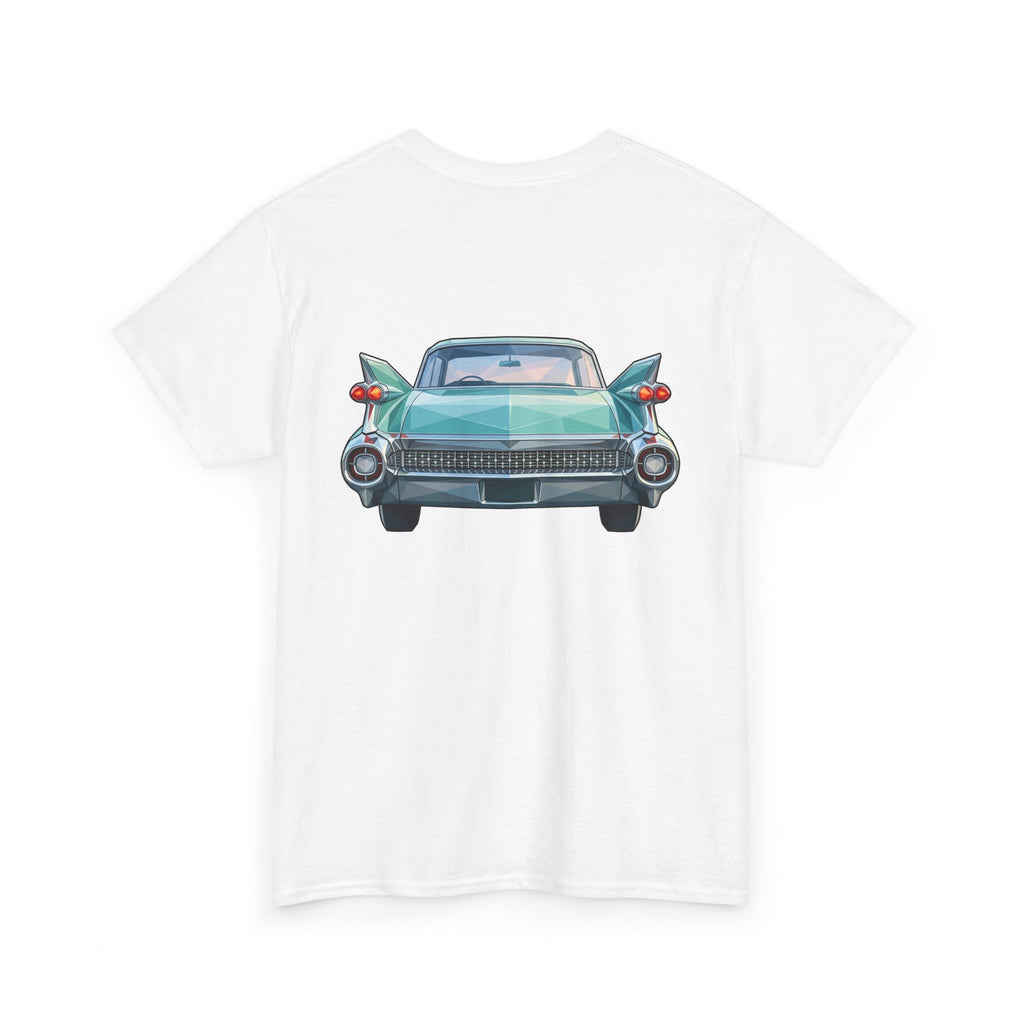 White crewneck T-shirt with teal classic car illustration, headlights and grille