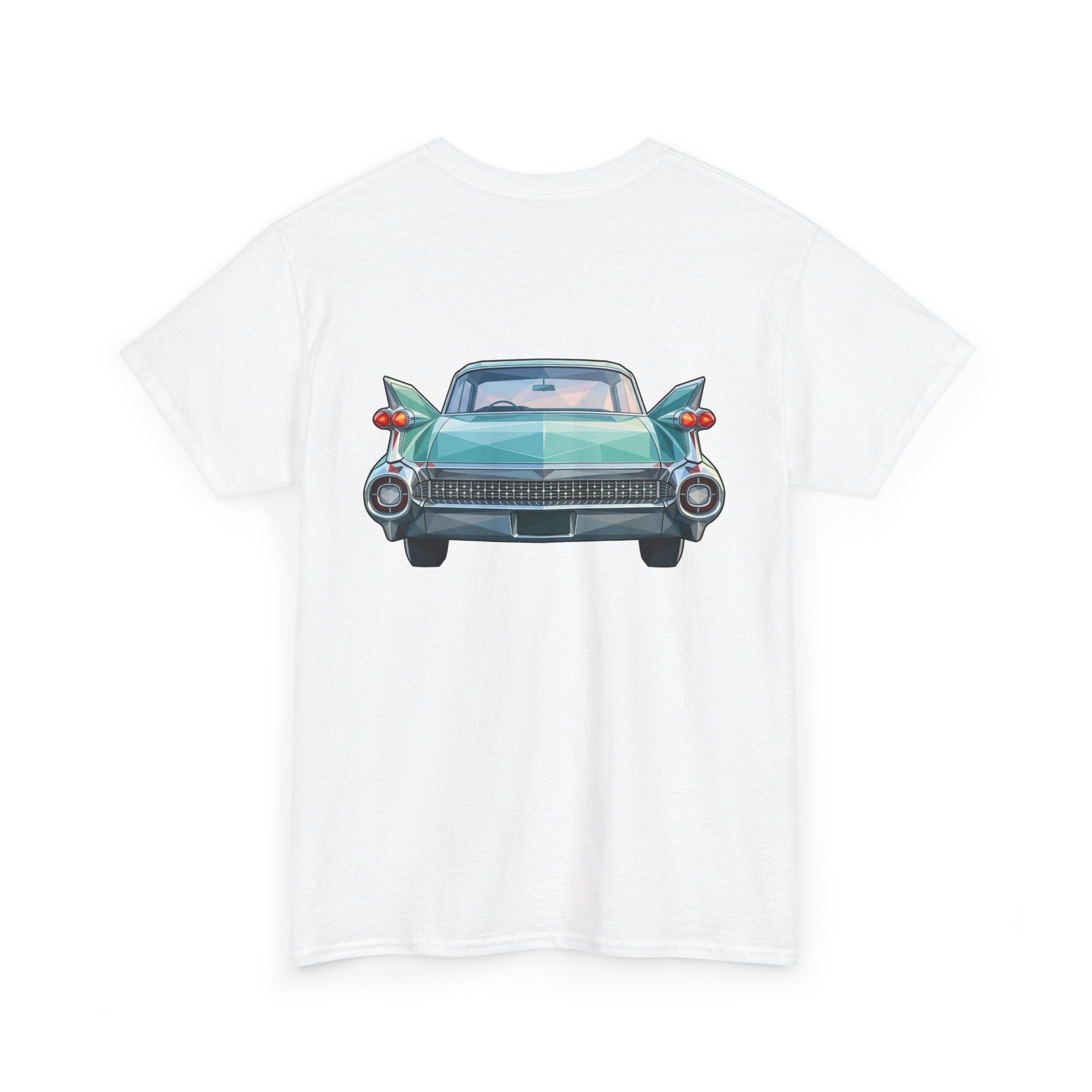 White crewneck T-shirt with teal classic car illustration, headlights and grille