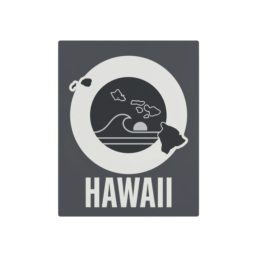 Square Hawaii metal wall art with whale and map silhouettes, white circle and HAWAII