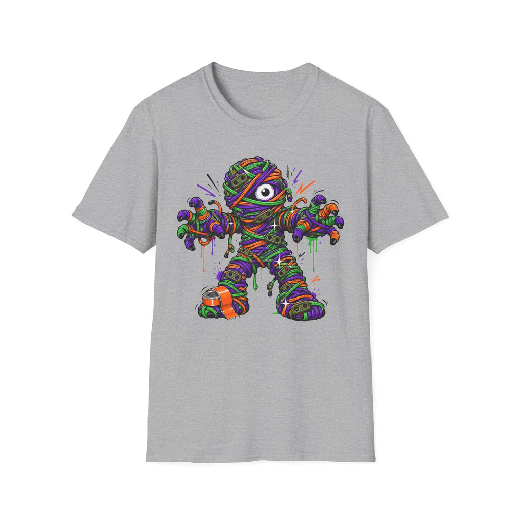 Gray mummy illustration T-shirt with colorful wrapped monster graphic on front