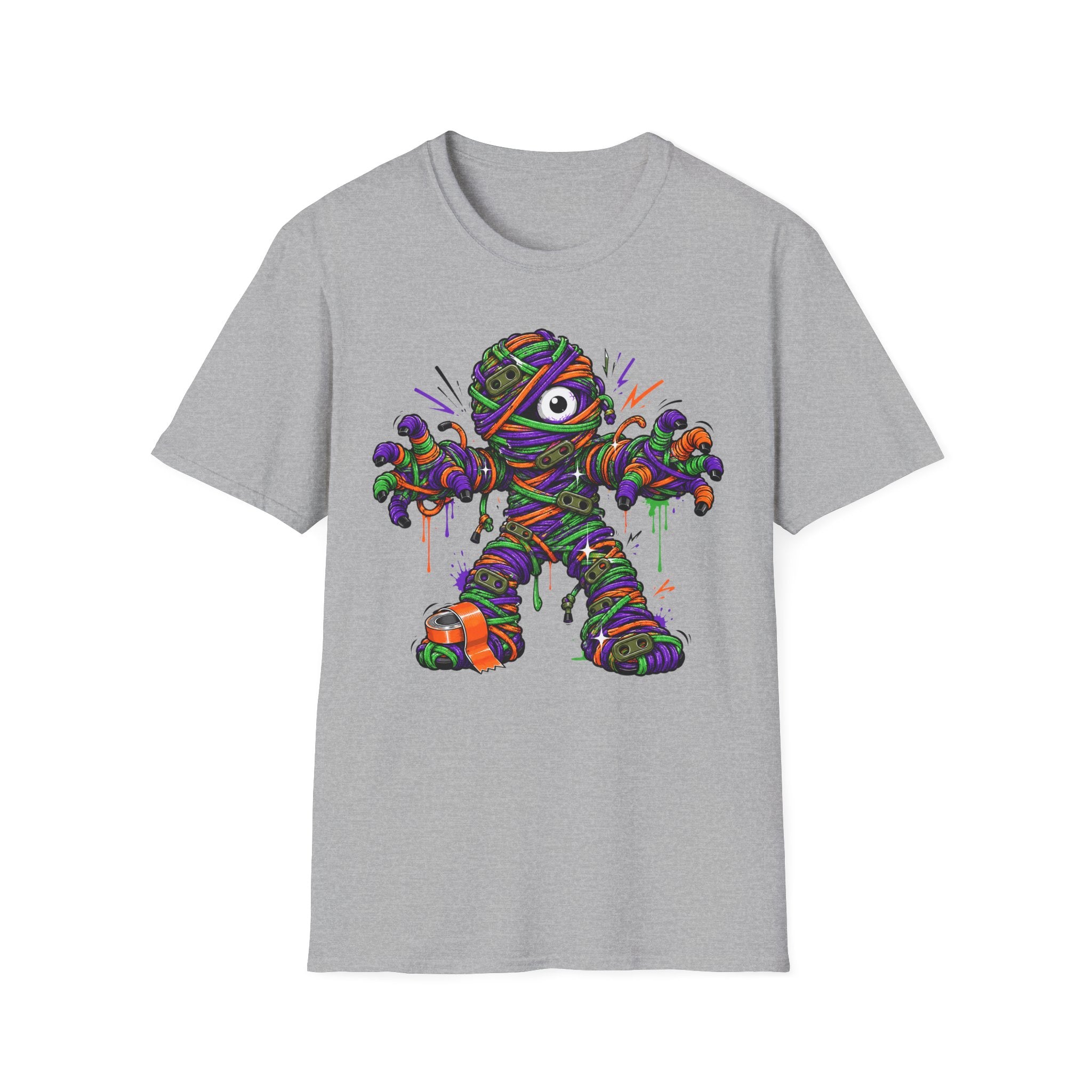 Gray mummy illustration T-shirt with colorful wrapped monster graphic on front
