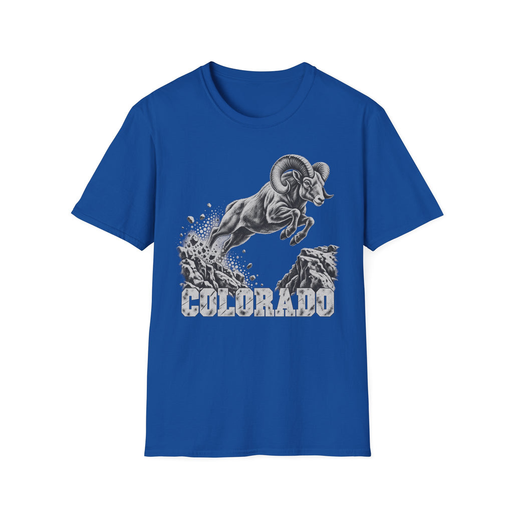 Royal blue t-shirt with bighorn sheep and Colorado wildlife graphic on front