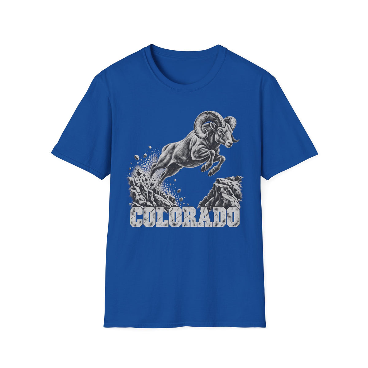 Royal blue t-shirt with bighorn sheep and Colorado wildlife graphic on front