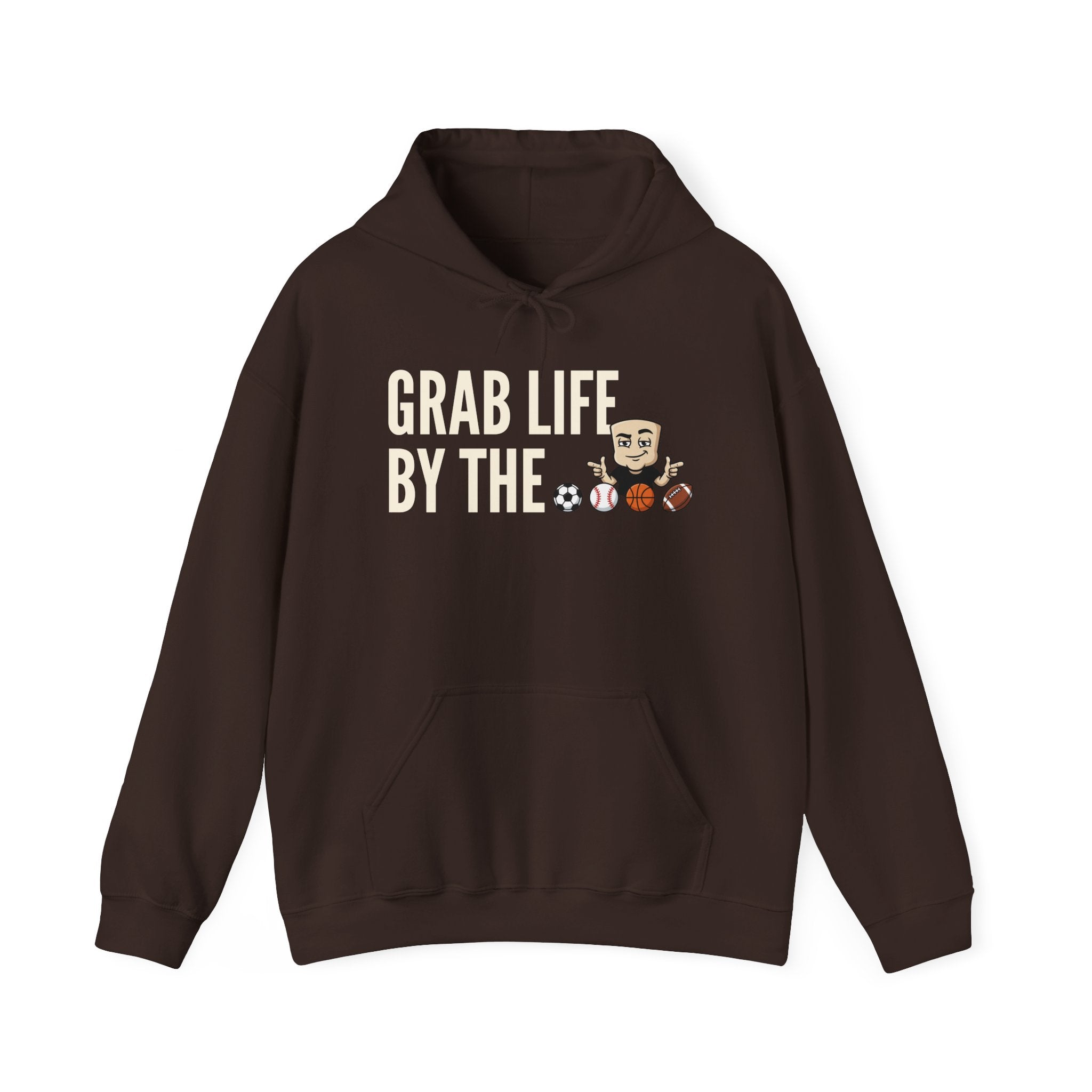 Dark brown hoodie with front pocket and drawstring; "GRAB LIFE BY THE" sports graphic