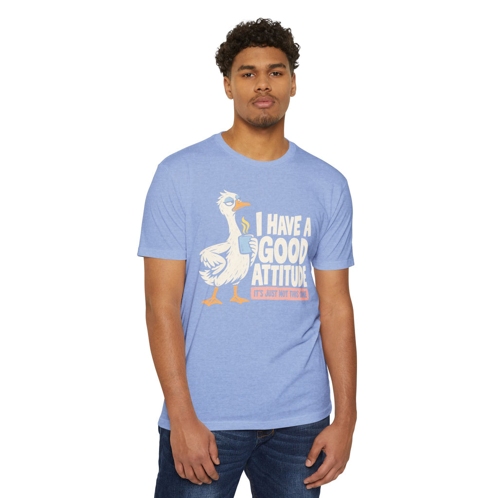 Light blue graphic T-shirt with rooster and 'I have a good attitude' text print