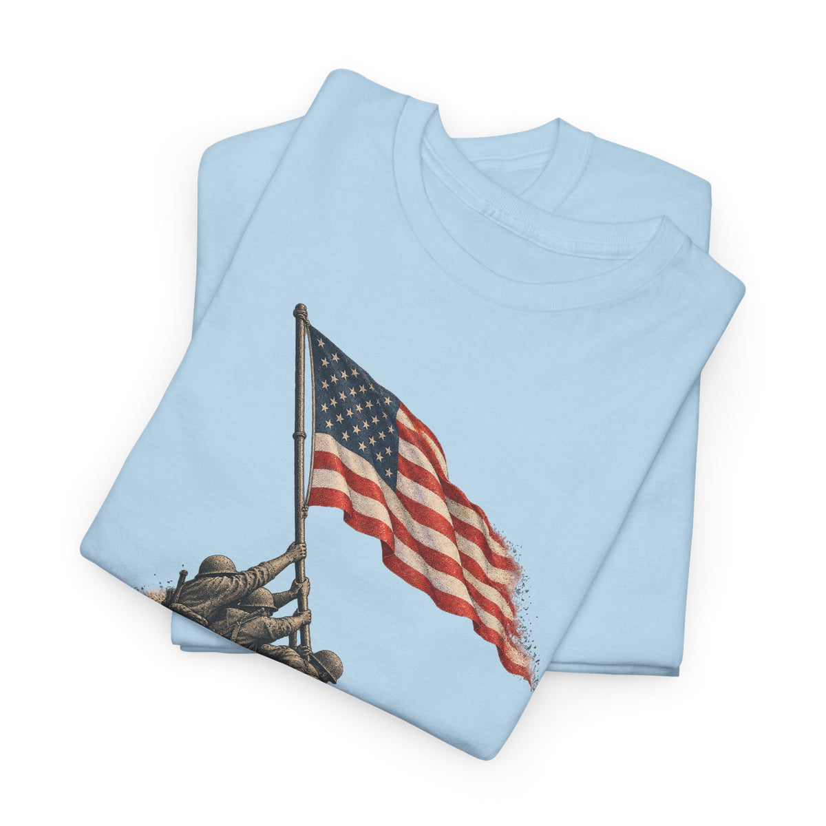 Light blue T-shirt with U.S. flag on pole and statue graphic