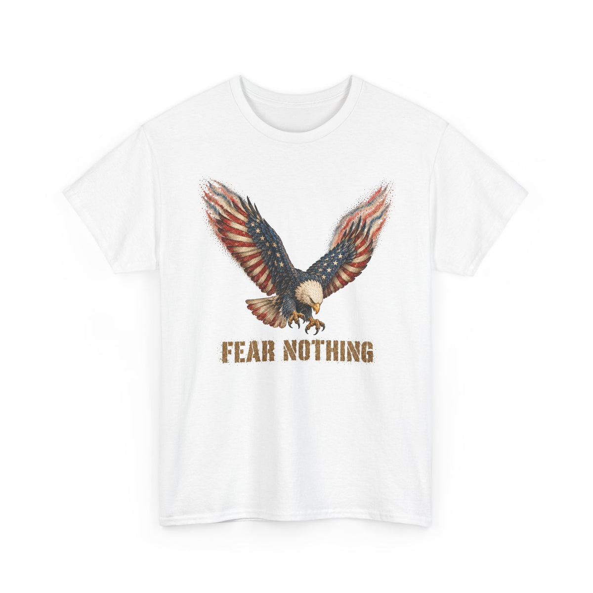 White t-shirt with eagle graphic and “FEAR NOTHING” text on front