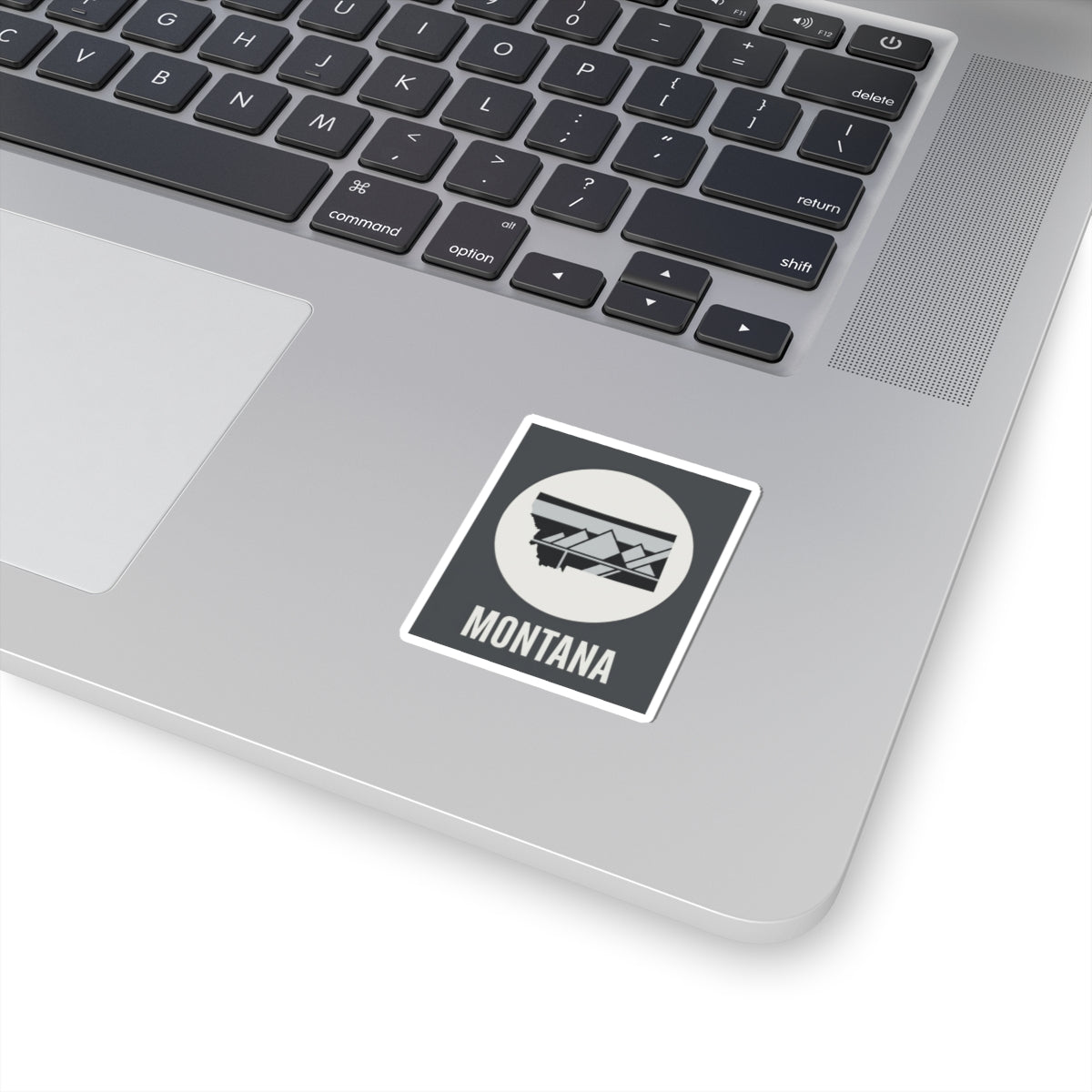 Montana badge sticker with square white border and mountain graphic, kiss-cut decal