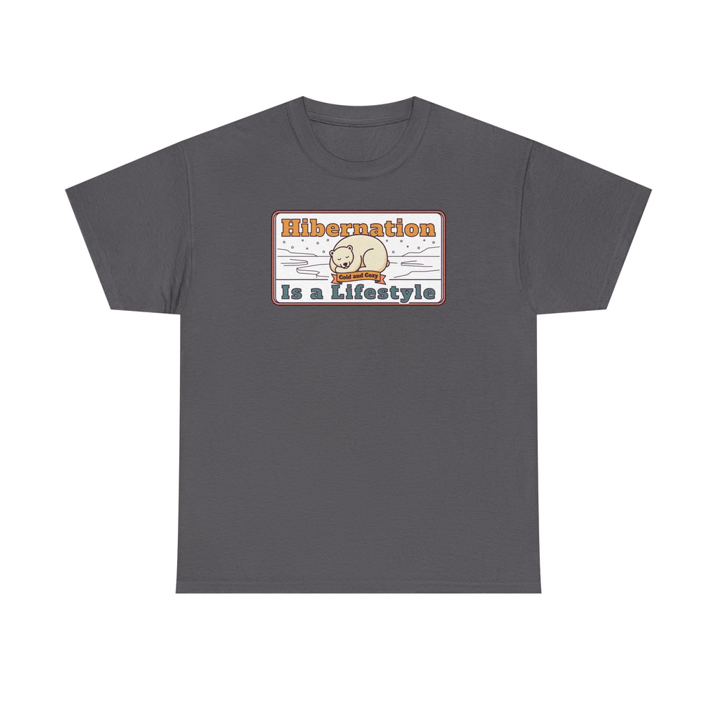 Charcoal crew-neck T-shirt with “Hibernation Is a Lifestyle” sloth graphic on chest