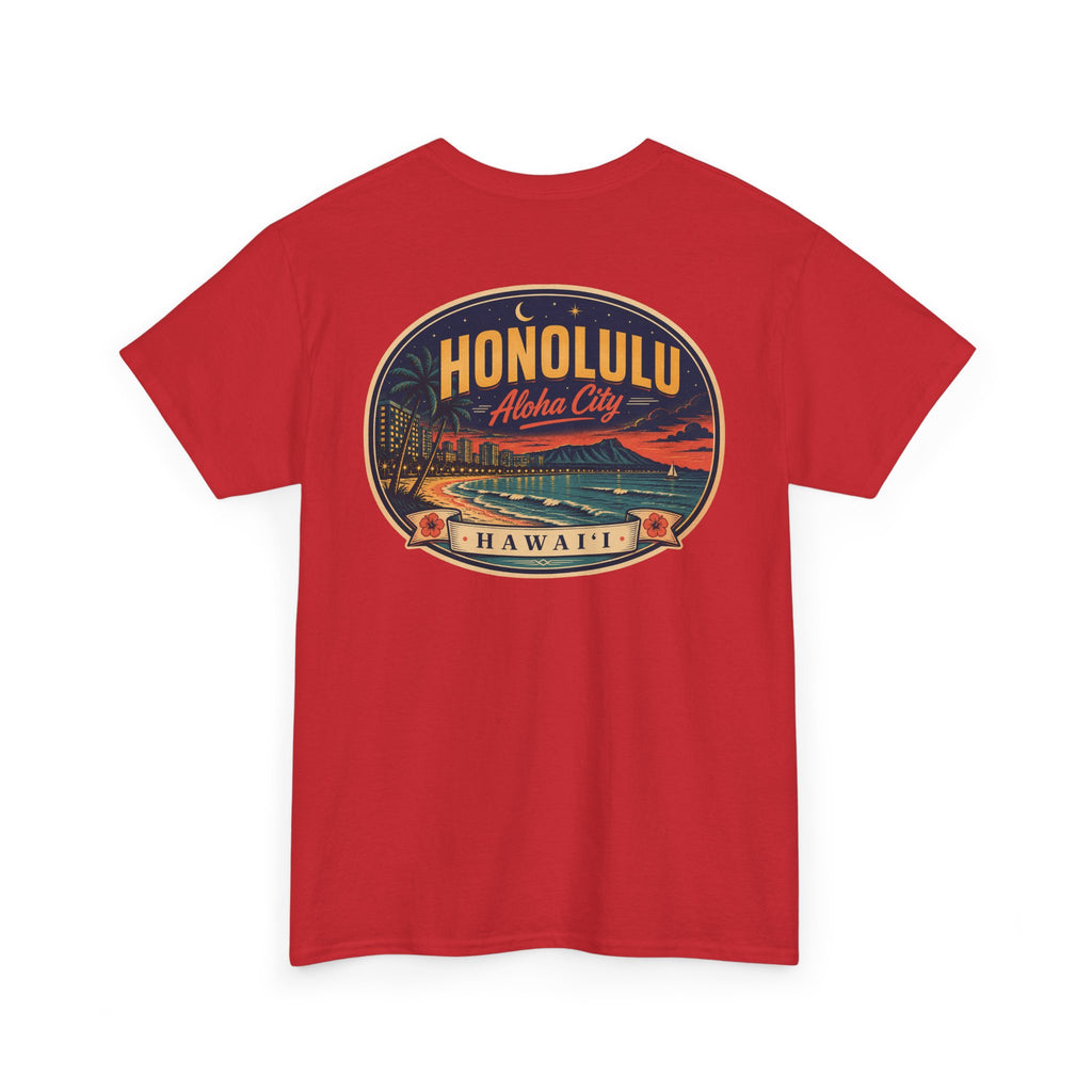 Red T-shirt with circular HONOLULU Aloha City graphic on front