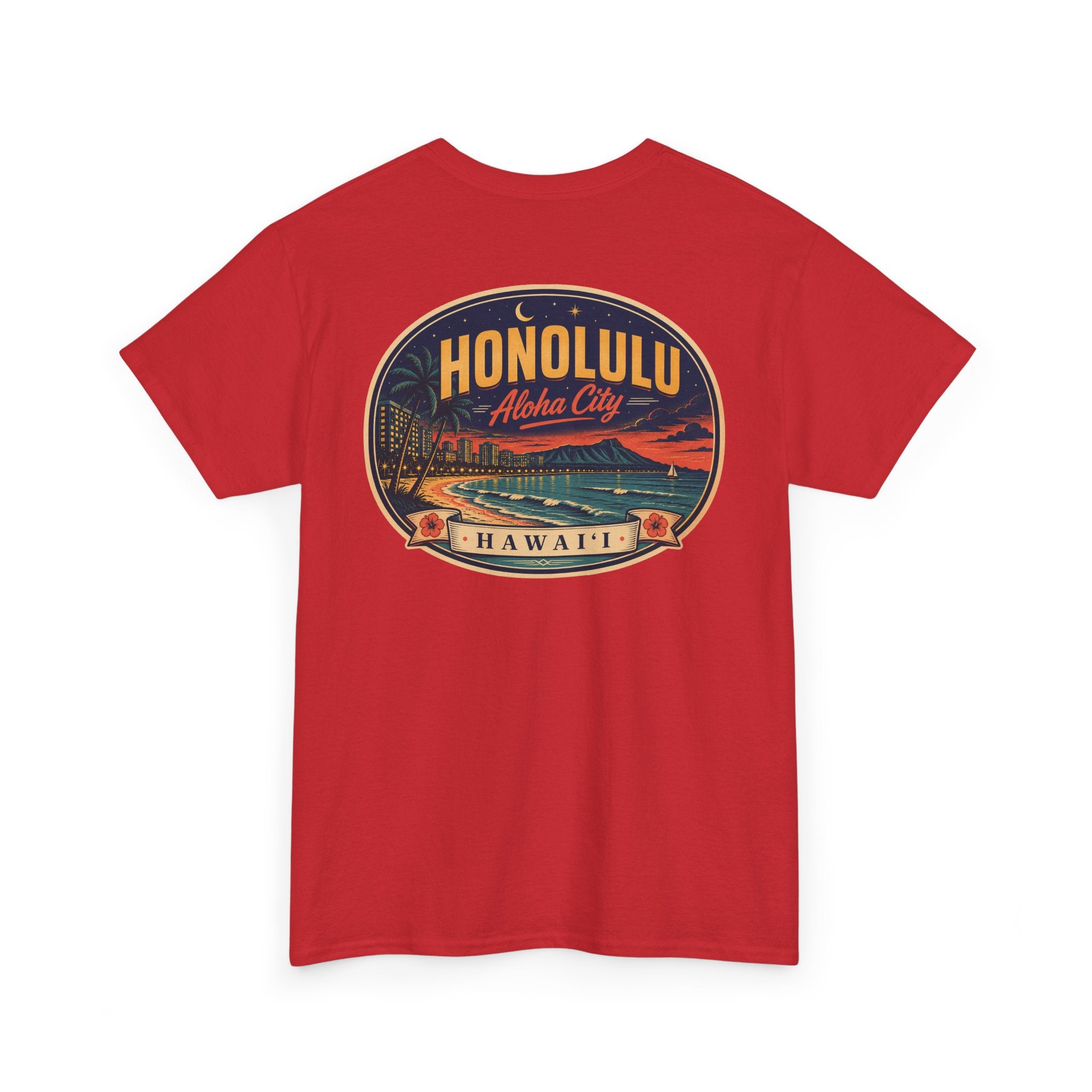 Red T-shirt with circular HONOLULU Aloha City graphic on front