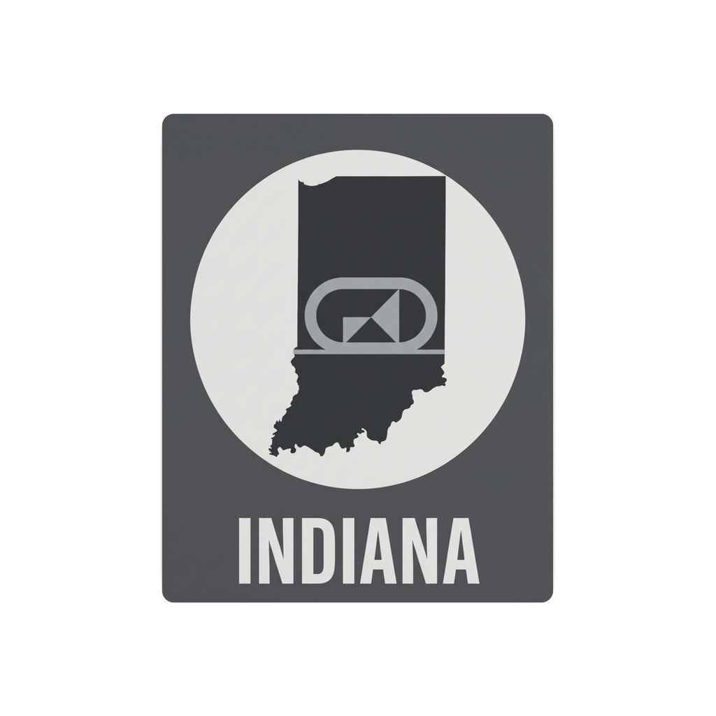 Indiana metal wall art with retro camera icon and state silhouette, dark gray finish