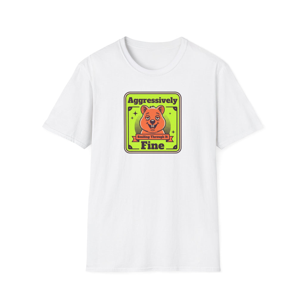 White T-shirt with small neon-style cartoon bear graphic and green-yellow text on chest