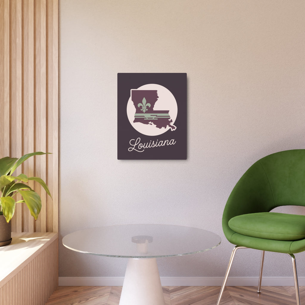 Louisiana metal wall art sign mounted on wall, plum panel with sage fleur-de-lis icon