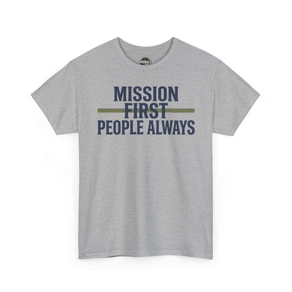 Sport grey crewneck T-shirt with “MISSION FIRST PEOPLE ALWAYS” front graphic