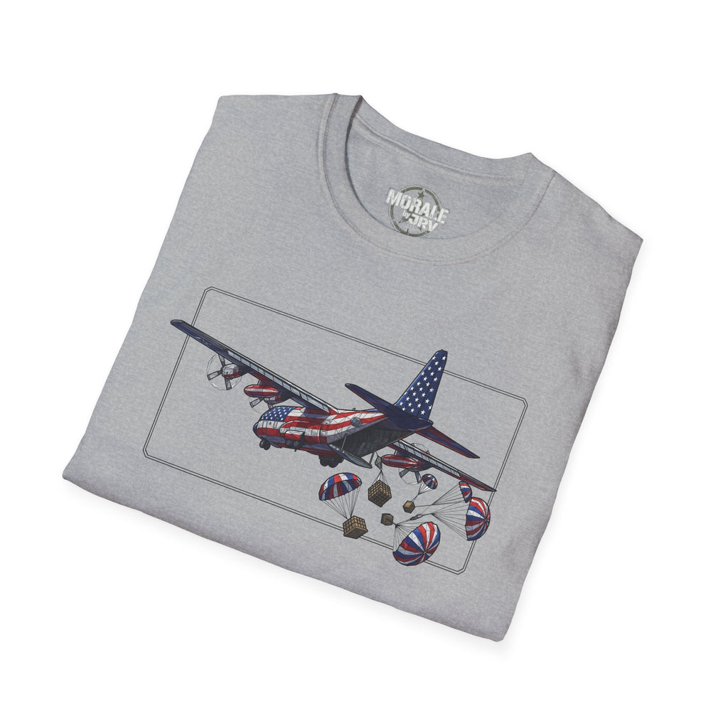 Heather grey C-130 Hercules T-shirt with aircraft drop graphic