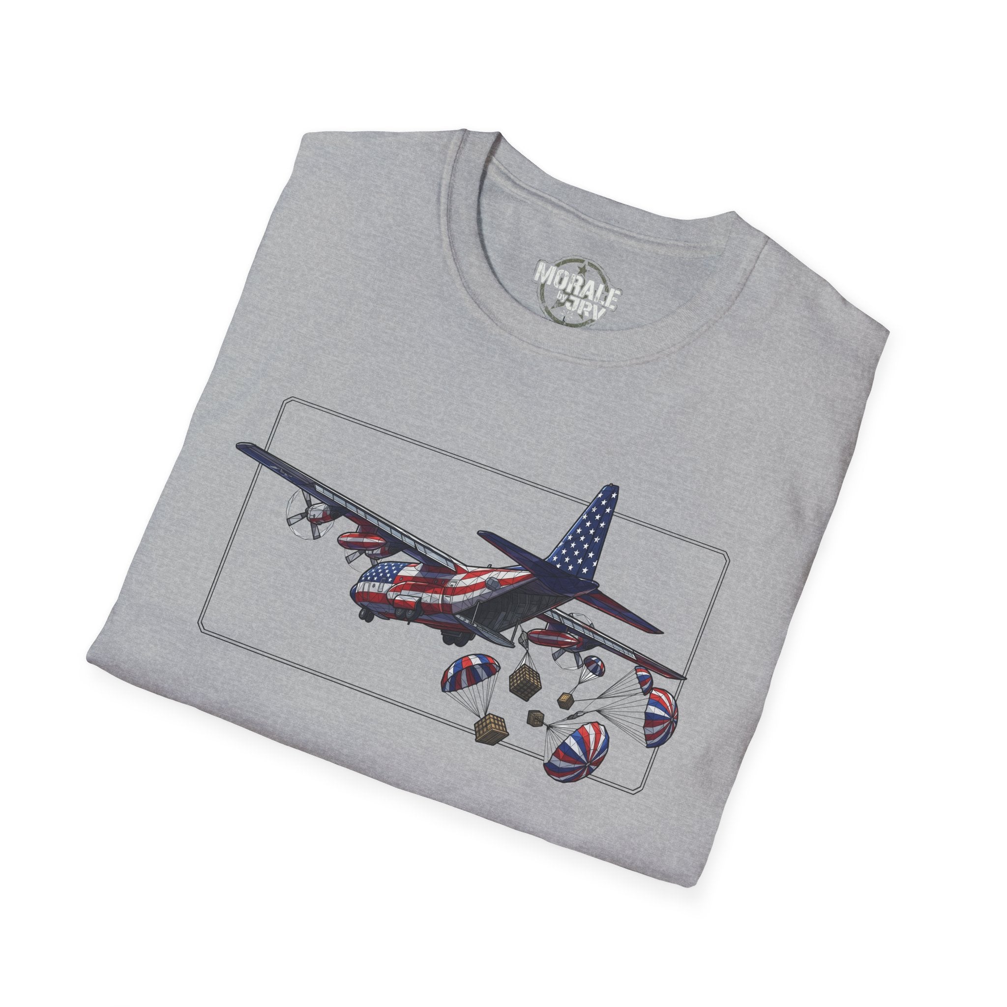 Heather grey C-130 Hercules T-shirt with aircraft drop graphic