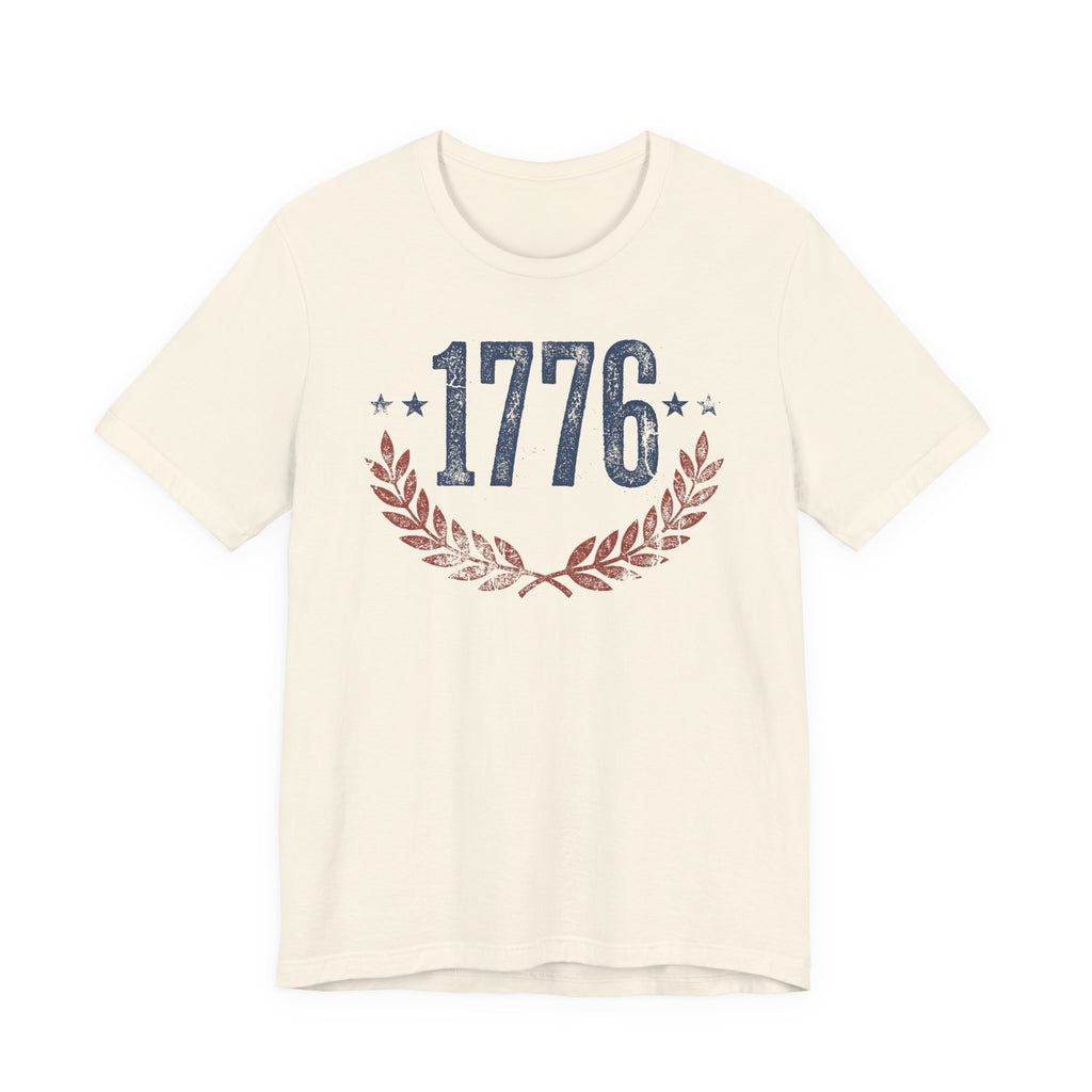 Natural T-shirt with '1776' laurel wreath graphic and star accents