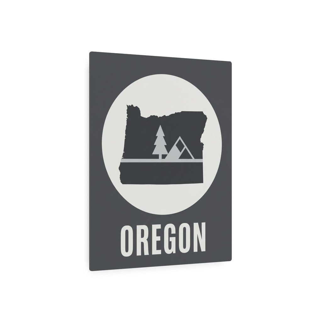 Rustic Oregon metal wall sign, dark gray square with white circle, trees, tent and OREGON
