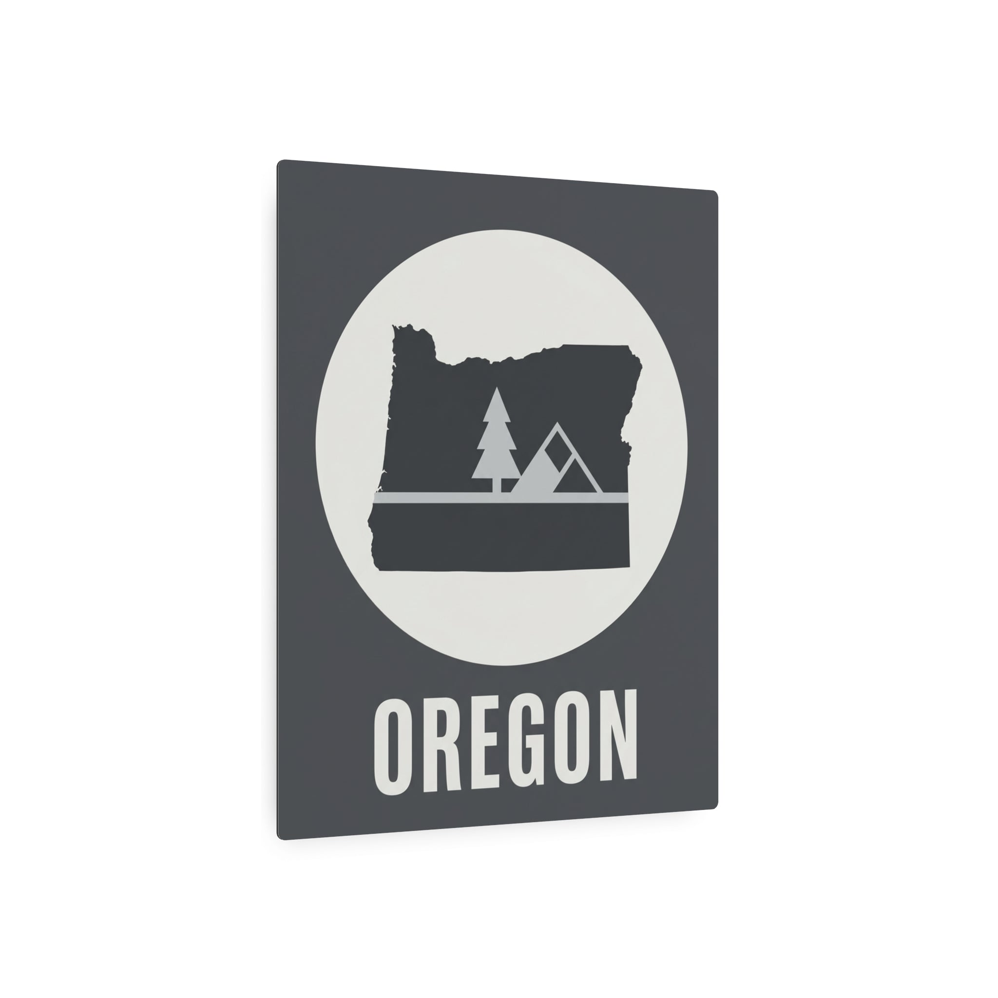 Rustic Oregon metal wall sign, dark gray square with white circle, trees, tent and OREGON