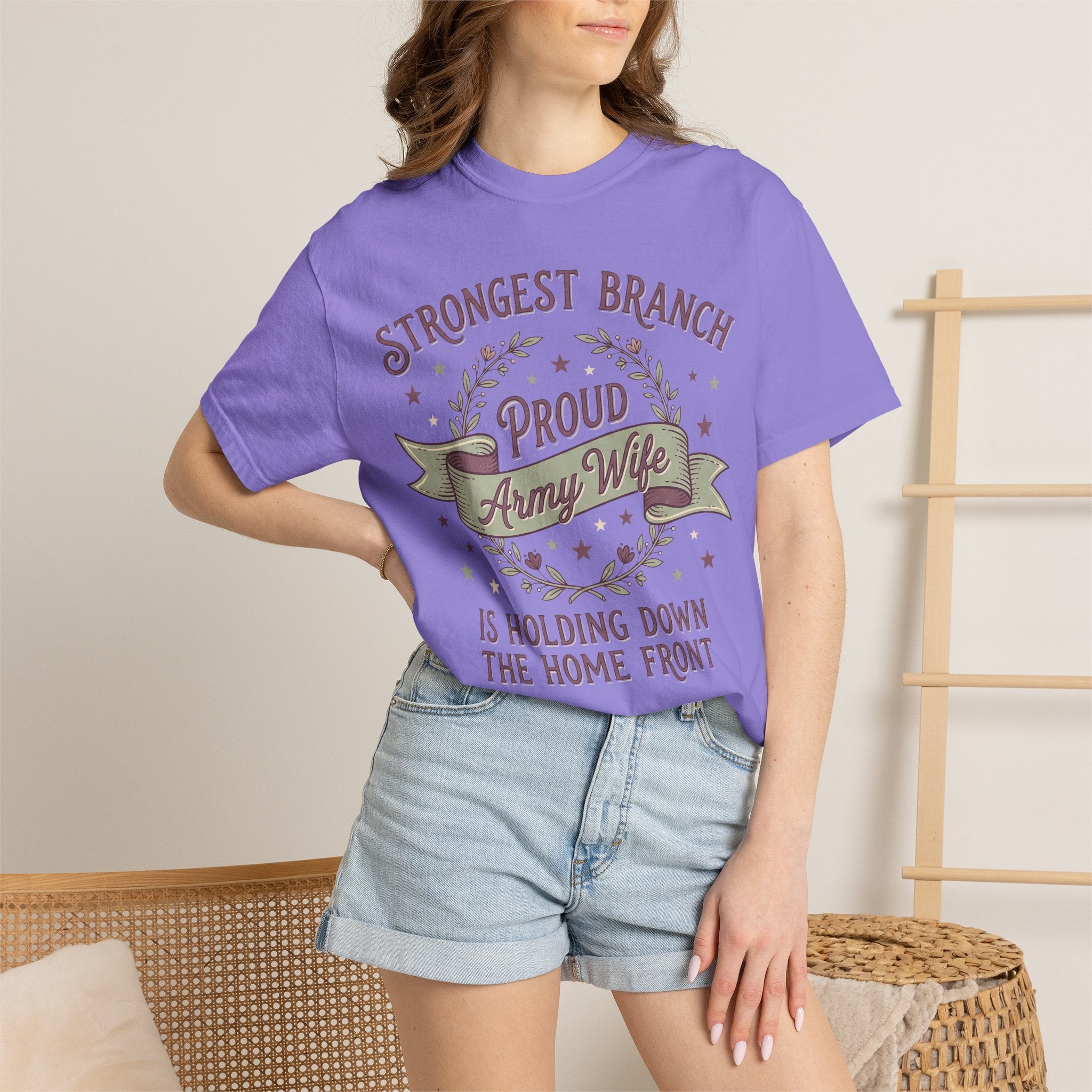 Lavender women's T-shirt worn with 'Proud Army Wife' emblem and banner text