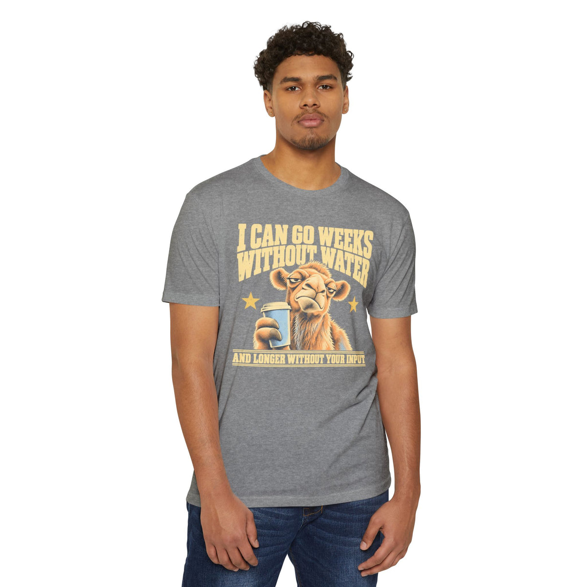 Heather gray crewneck T-shirt with camel coffee graphic and slogan on front