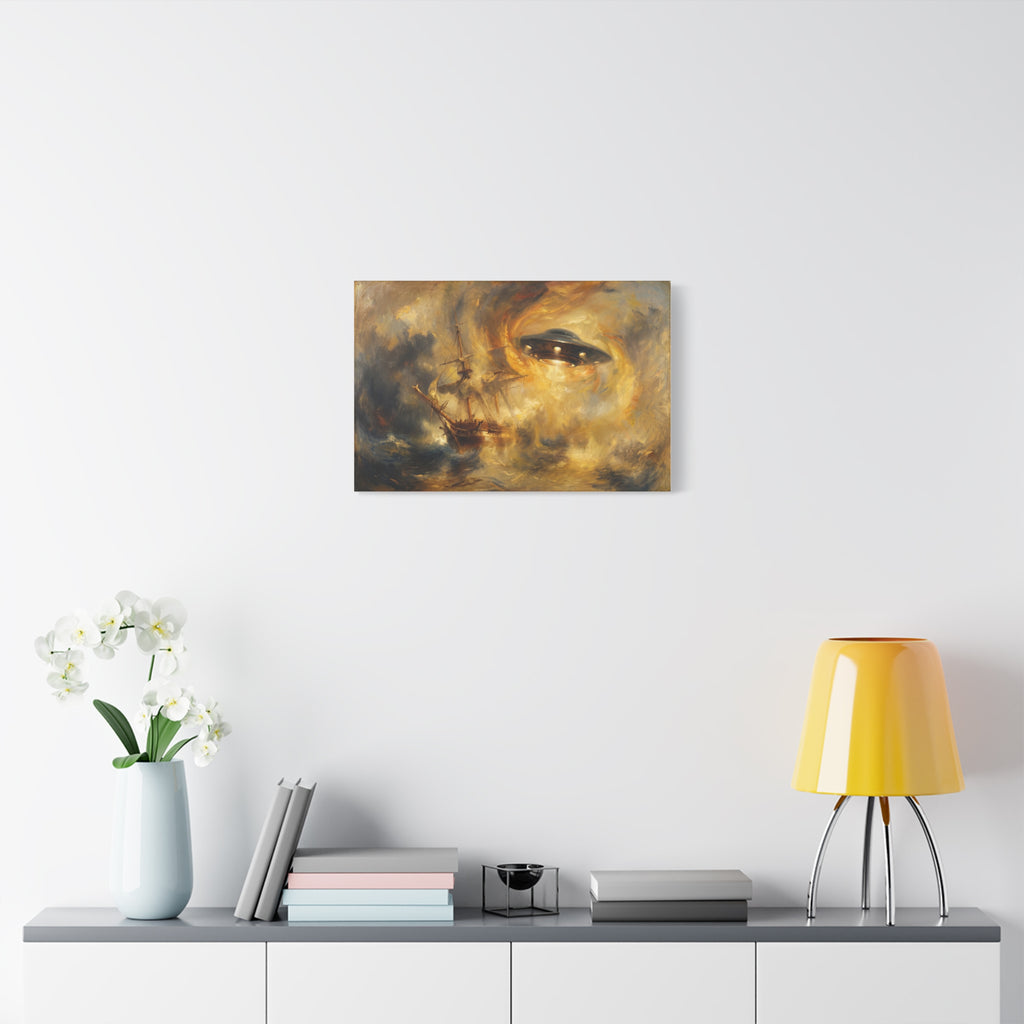 Small rectangular canvas wall art of a glowing UFO over a stormy galleon, dark and gold