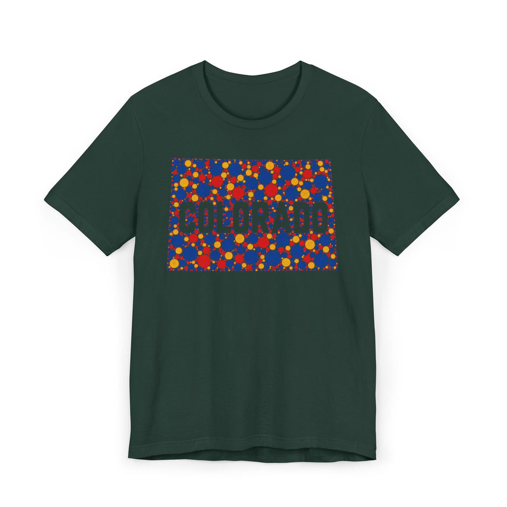 Dark green T-shirt with patterned COLORADO graphic on front