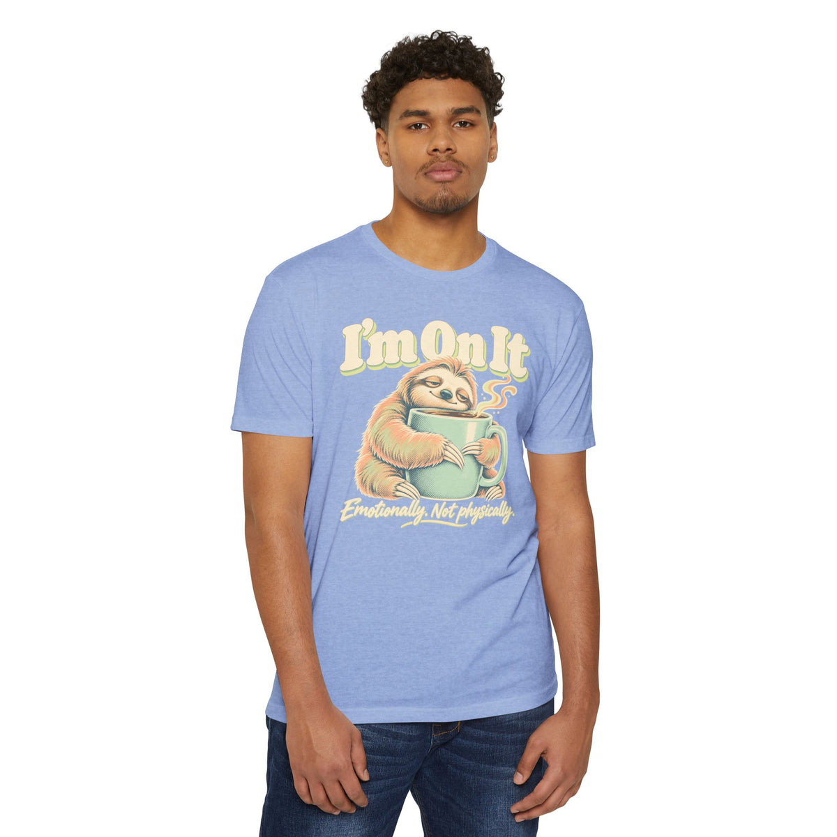 Light blue graphic T-shirt with sloth holding coffee mug and 'I'm on It' slogan