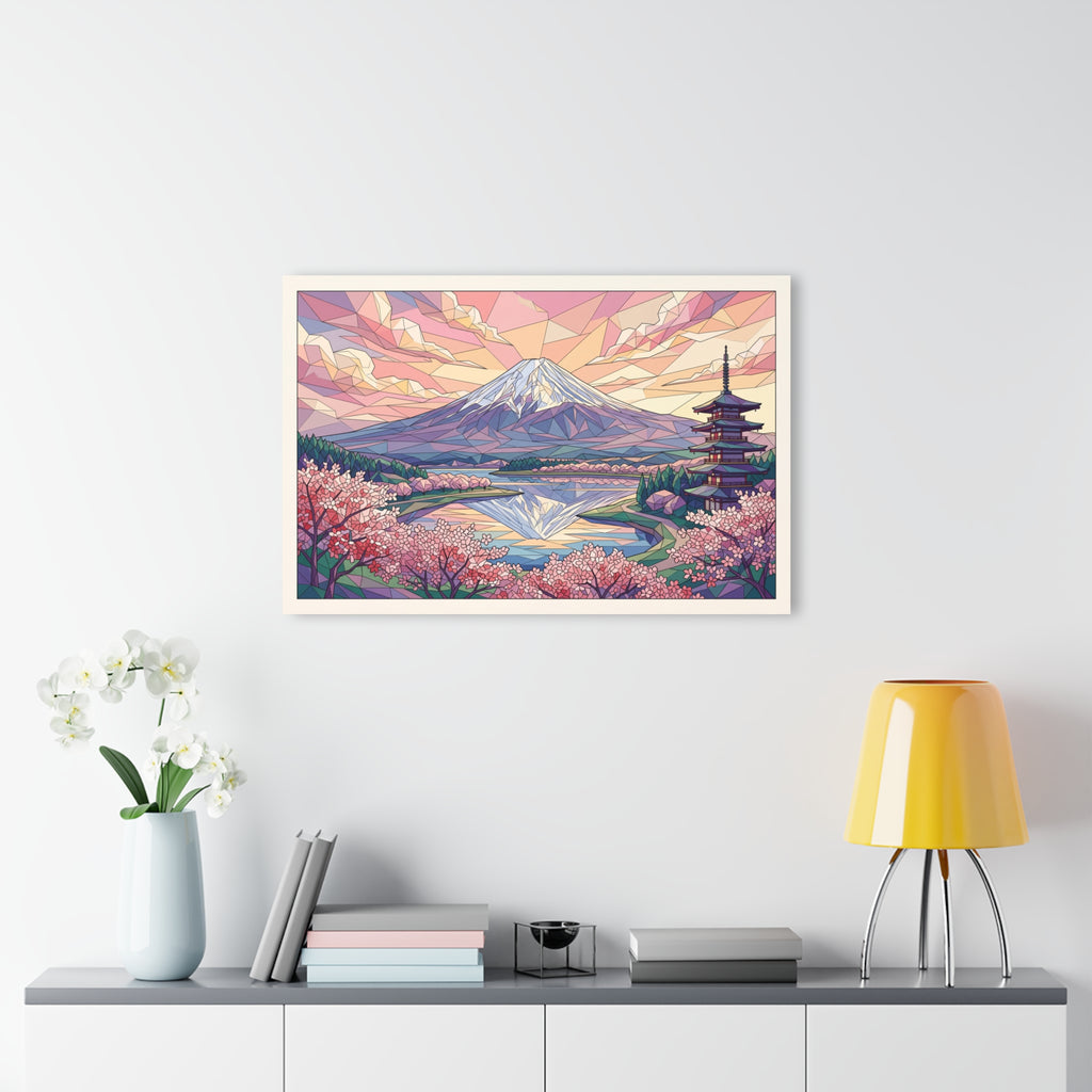 Framed acrylic wall art featuring Mount Fuji, cherry blossoms, and pagoda over river