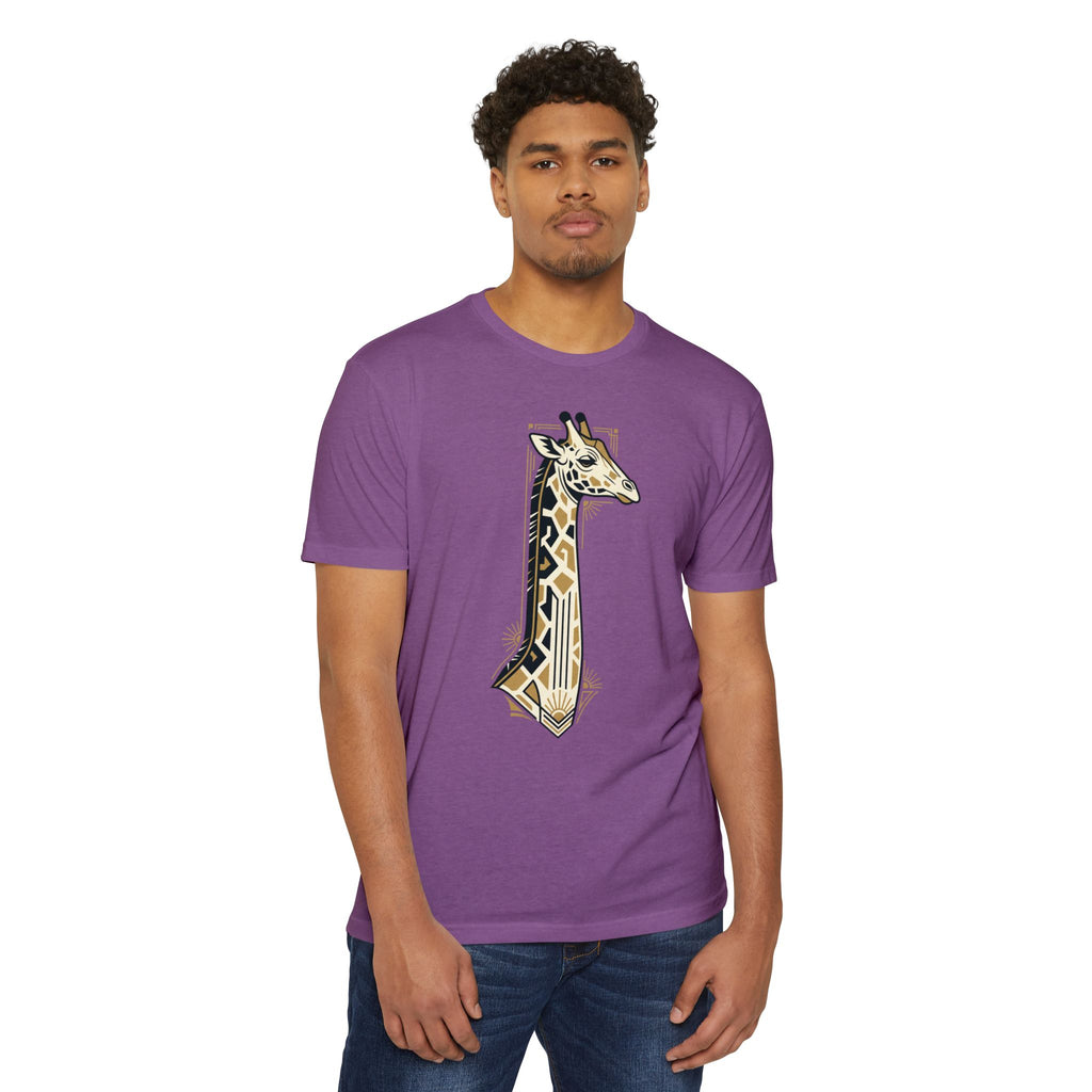 Purple unisex t-shirt with giraffe art deco geometric graphic on the front