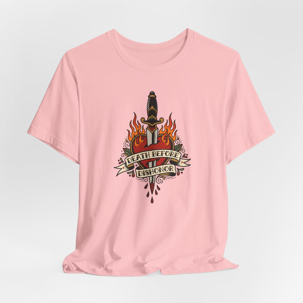 Pink T-shirt front with dagger, flames, and banner graphic