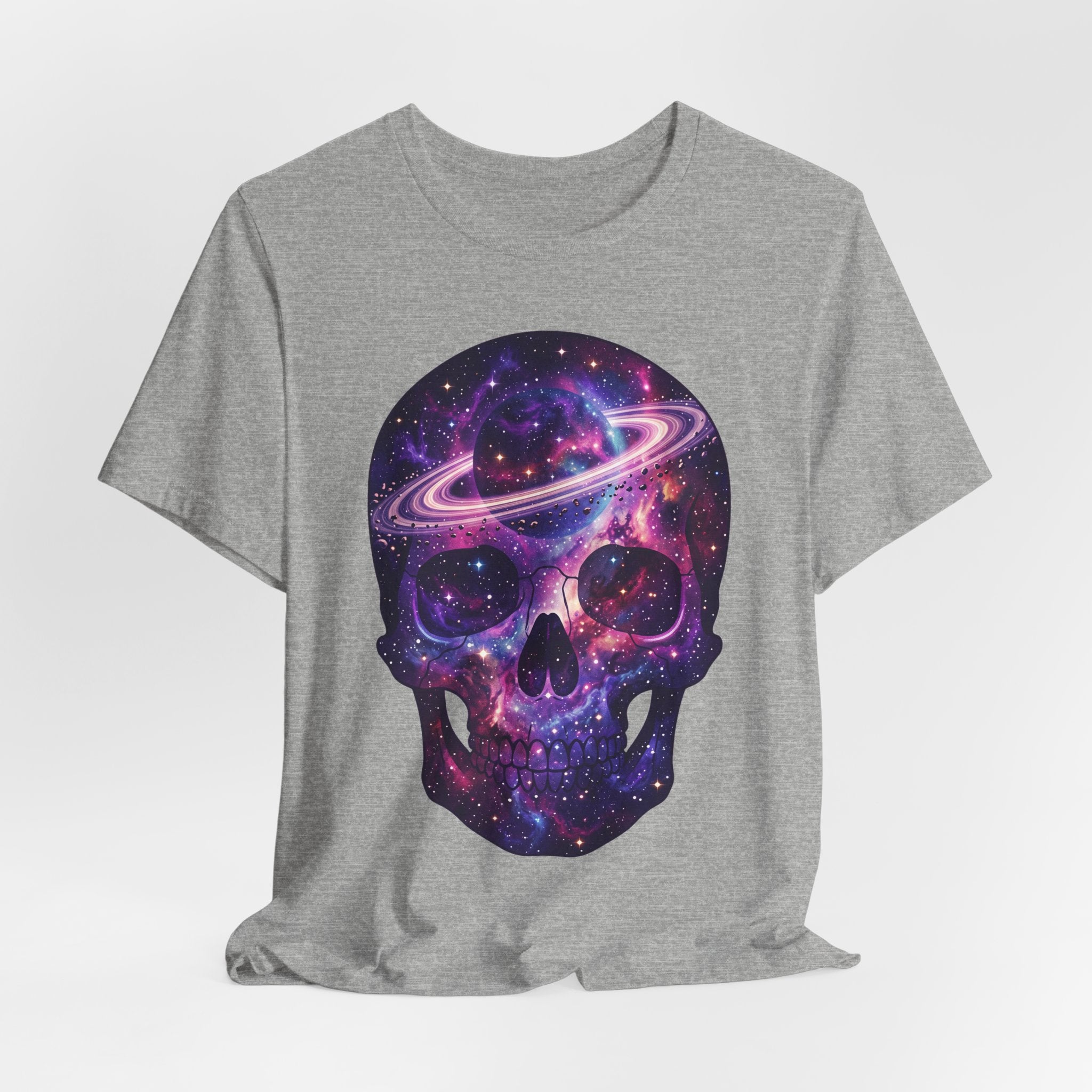 Galaxy skull T-shirt in heather gray, purple cosmic skull with planet ring front print