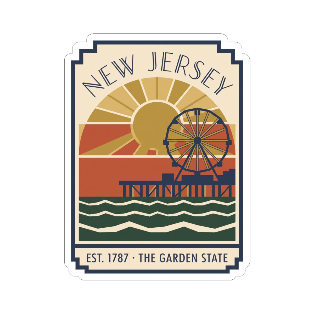 New Jersey boardwalk vinyl sticker design with Ferris wheel, sunrise rays, and “THE GARDEN STATE”