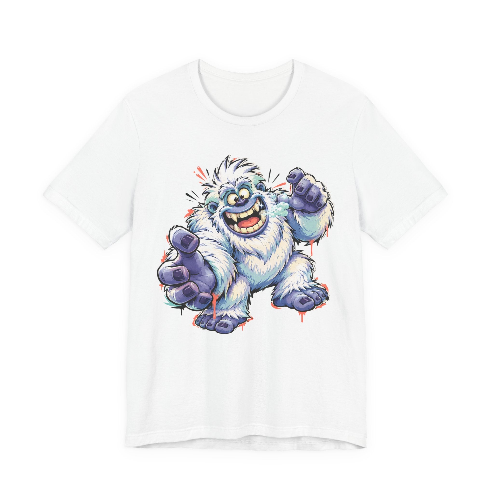 White monster t-shirt with cartoon yeti creature graphic waving and grinning