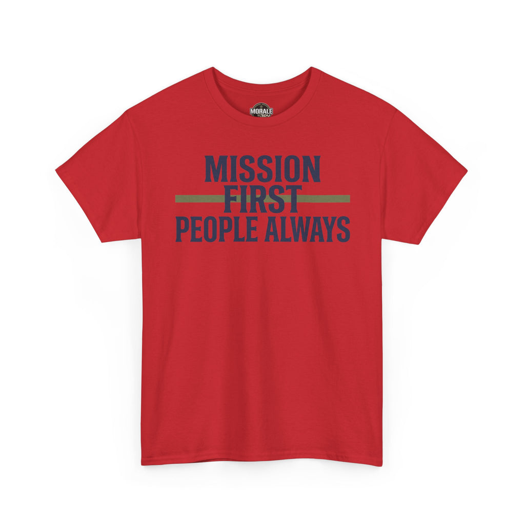 Red crewneck T-shirt with Mission First People Always graphic on chest