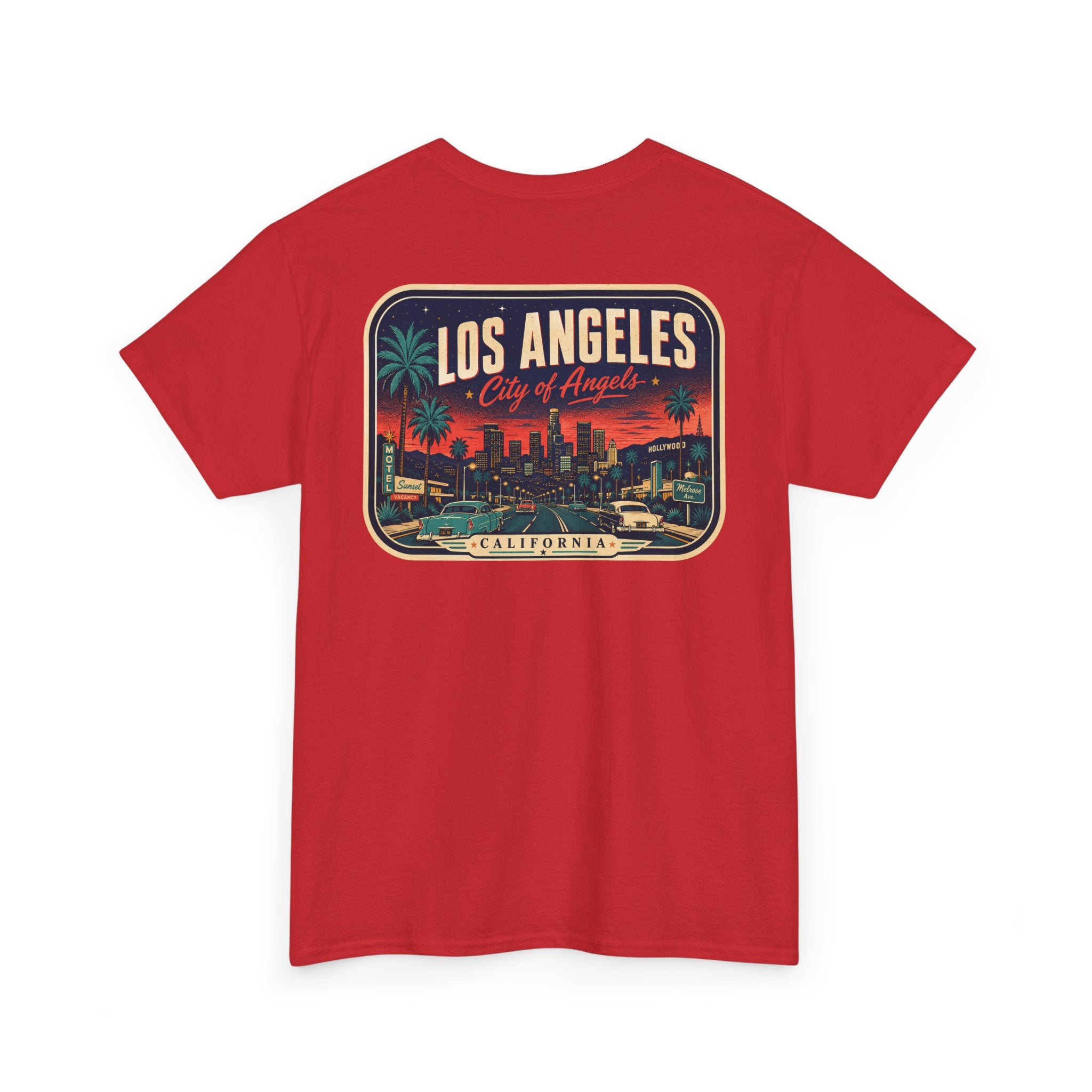 Red Los Angeles skyline luggage tag graphic T-shirt, crew neck, short sleeves