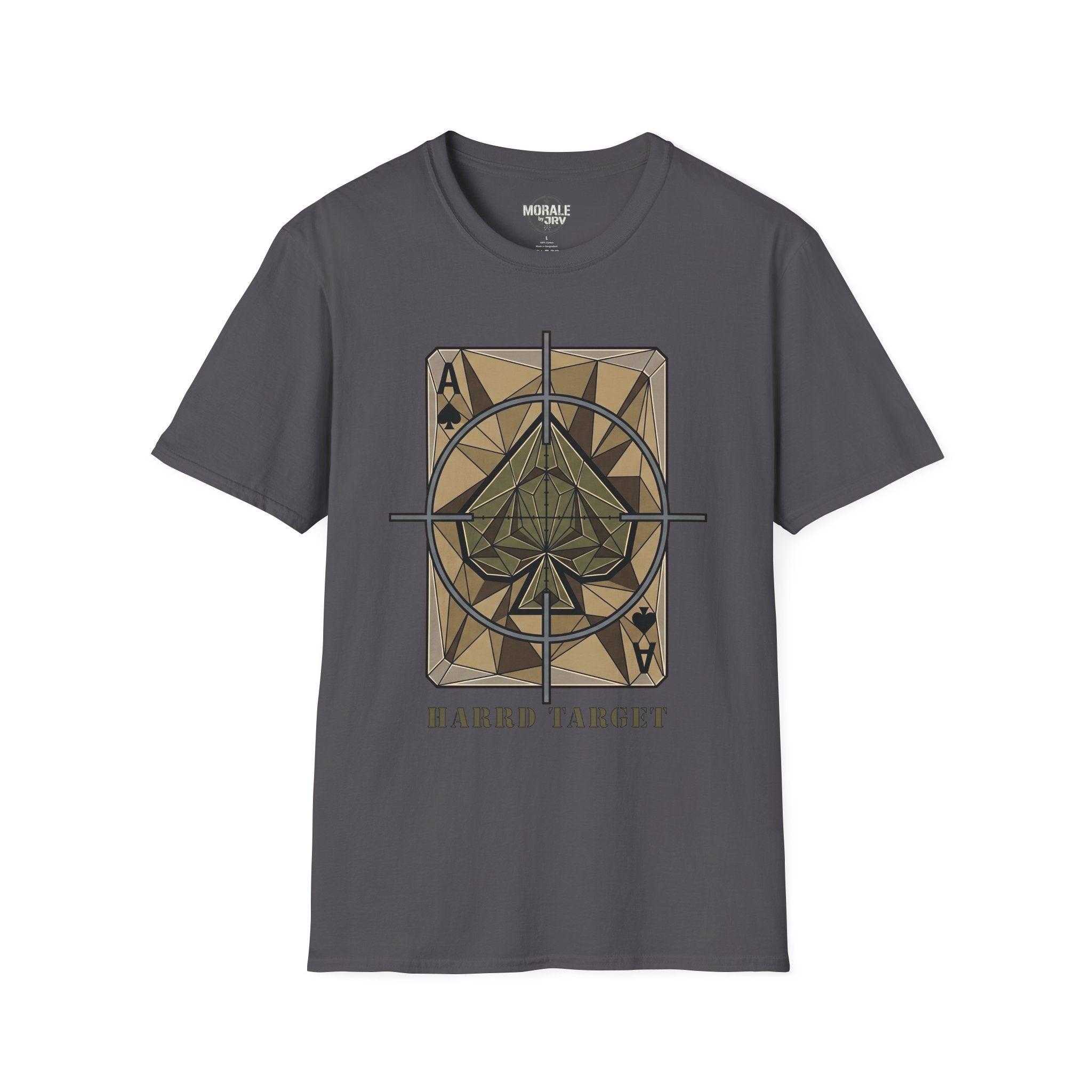 Ace Target T-shirt, Charcoal with crosshair spade graphic front