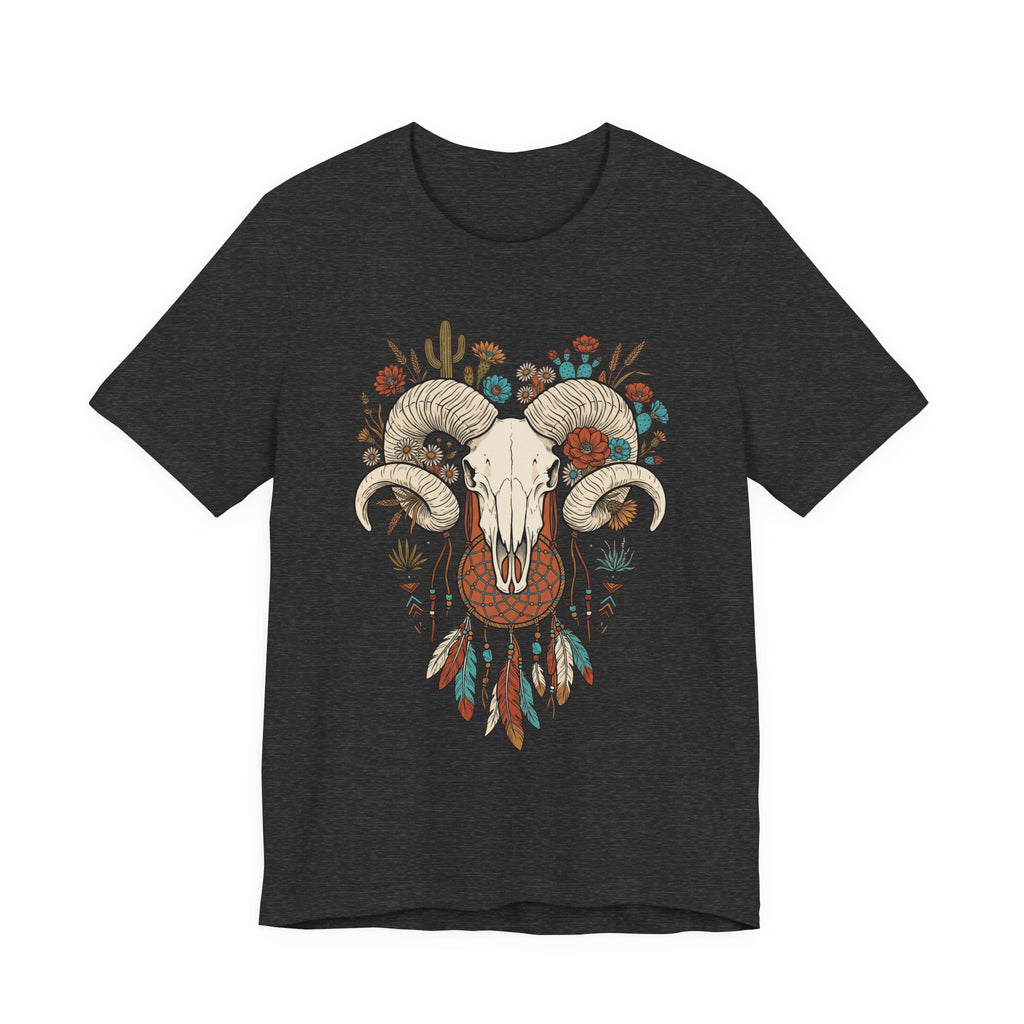 Black boho ram skull graphic T-shirt with colorful horns, flowers, and feathers